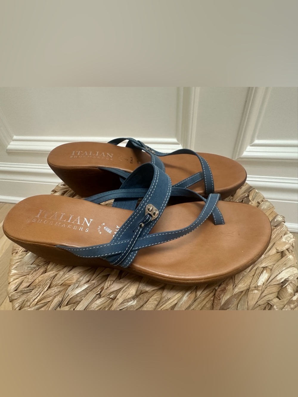 Italian Shoemakers Navy Leather Wedge Thong Sandals with Tan Footbed